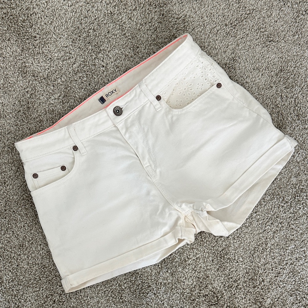 Roxy High-Waist White Roll-Cuff Eyelet Pocket Shorts